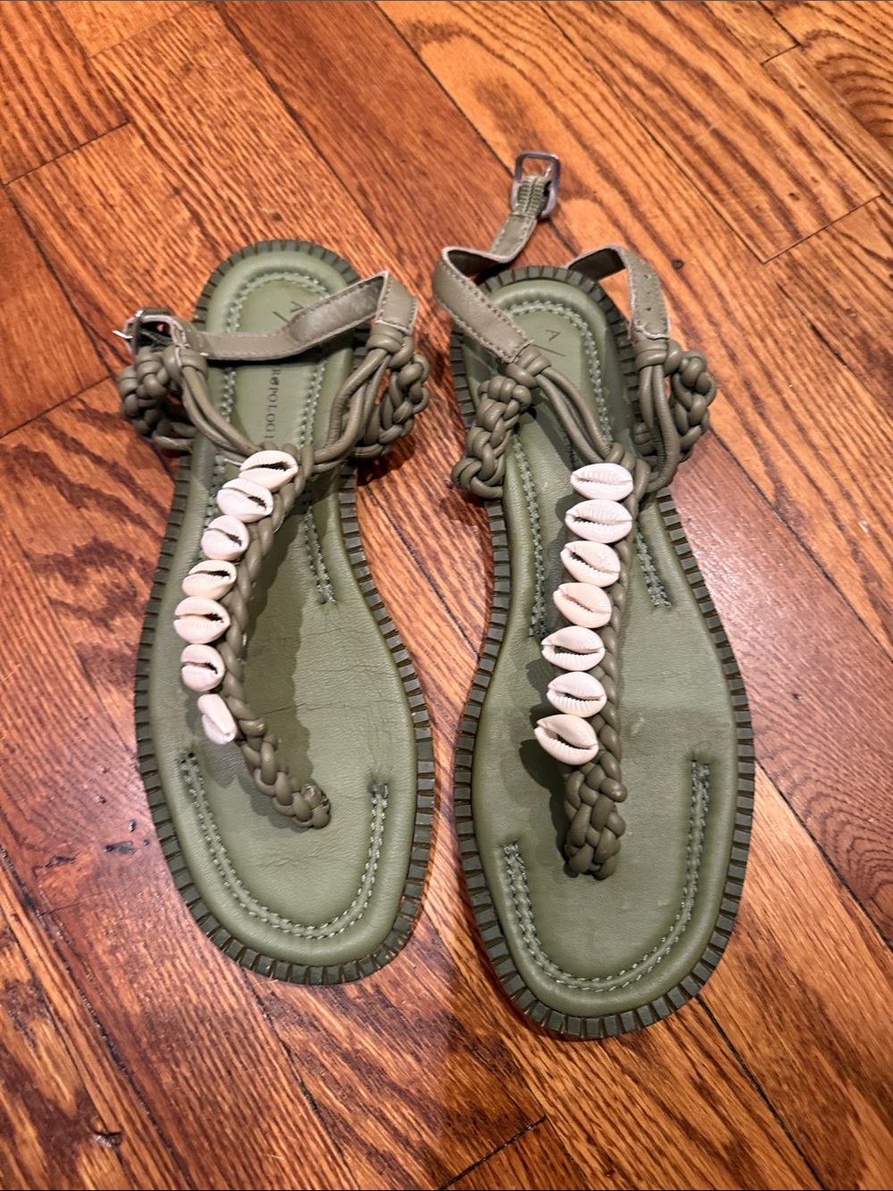 Anthropologie Olive Green Braided T-Strap Sandals with Shell Trim